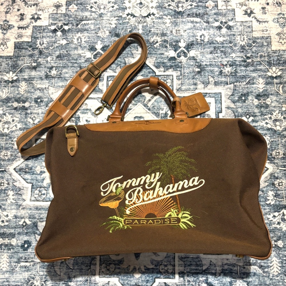 Tommy Bahama Paradise Duffel Bag Unisex Large Brown Canvas Leather Weekender